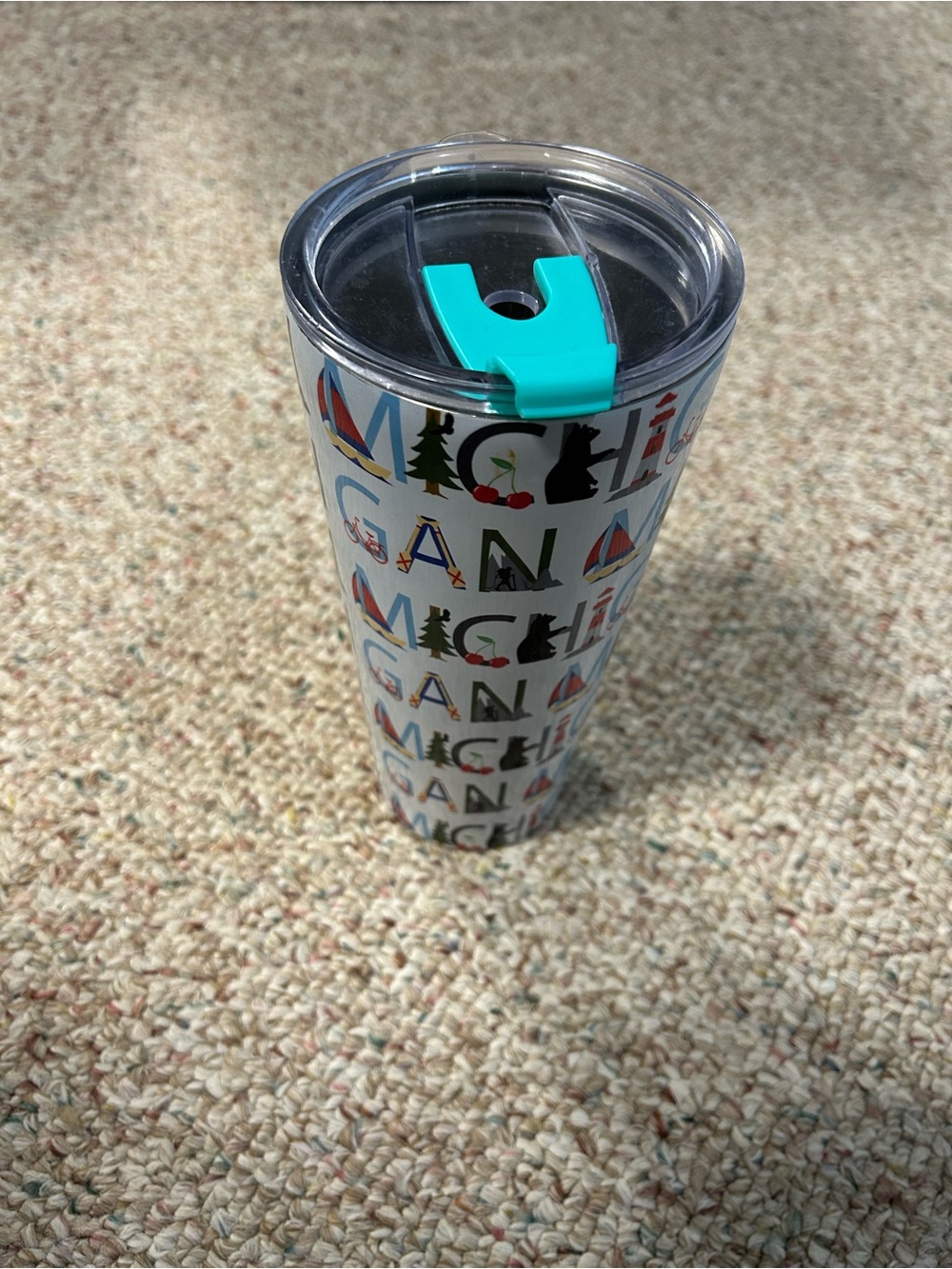 Personalized Michigan Pattern Travel Tumbler with Teal Lid